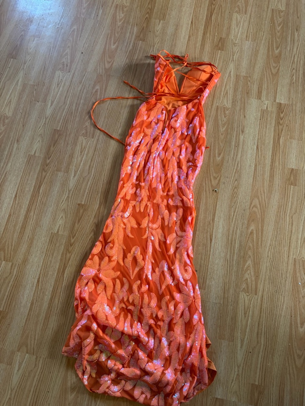 Orange Sequin Maxi Dress with Strappy Bodice - Women Dresses
